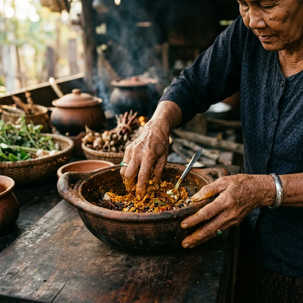 ដៃចុងភៅចាស់វស្សាកំពុងលាយគ្រឿងទេសតាមរូបមន្តប្រពៃណី